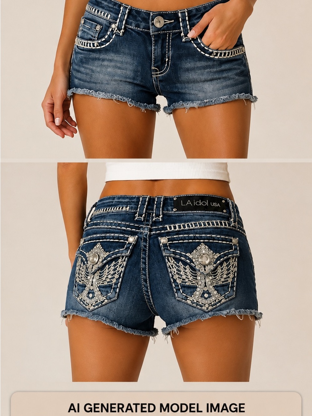 LA Idol Women Booty Cut Shorts with white Stitches and Rhinestones Size XS